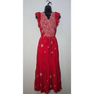 Figueroa & Flower Dress Size Medium Red White Embroidered Midi V-Neck